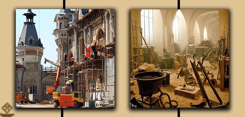 کارگران در حال بازسازی و ابزار بازسازی - اصول بازسازی ساختمان