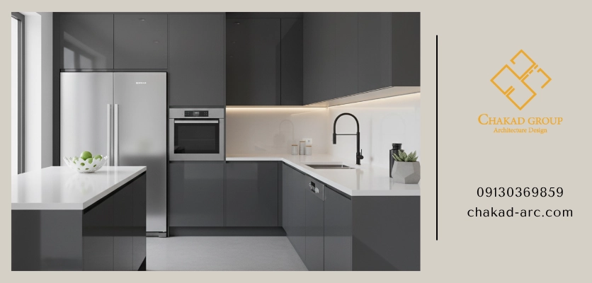 آشپزخانه مدرن مینیمال با کابینت های MDF صاف و براق - مصالح بافت دار