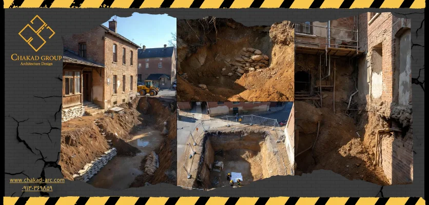 ساختمان همسایه - گود برداری کنار ساختمان قدیمی